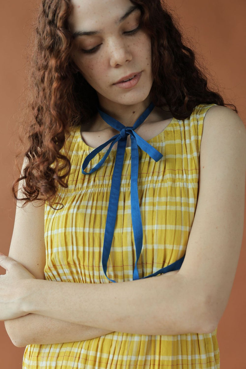 Ryle Dress-Yellow checks cotton by MASON AND MILL in yellow color for women Worldwide
