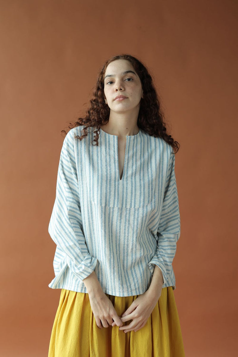 Sylvie-Blue Stripes Top cotton by MASON AND MILL in blue color for women Worldwide
