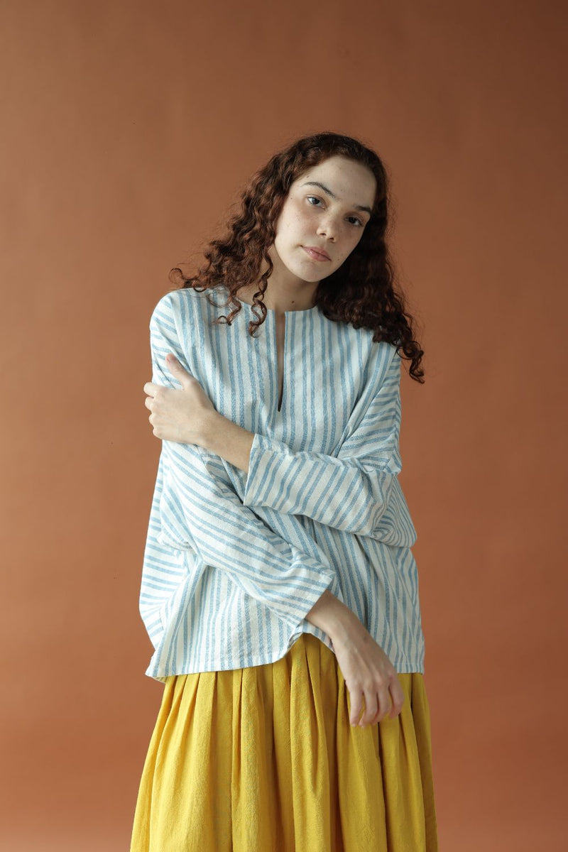 Sylvie-Blue Stripes Top cotton by MASON AND MILL in blue color for women Worldwide