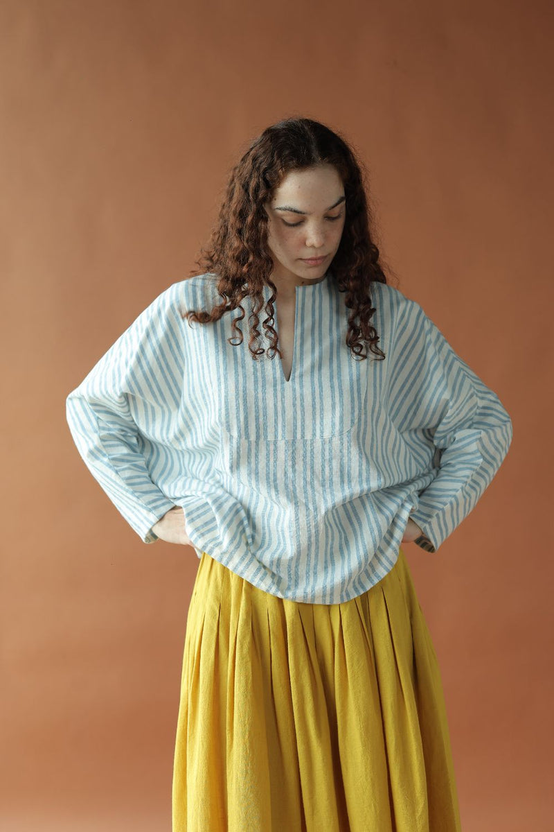 Sylvie-Blue Stripes Top cotton by MASON AND MILL in blue color for women Worldwide