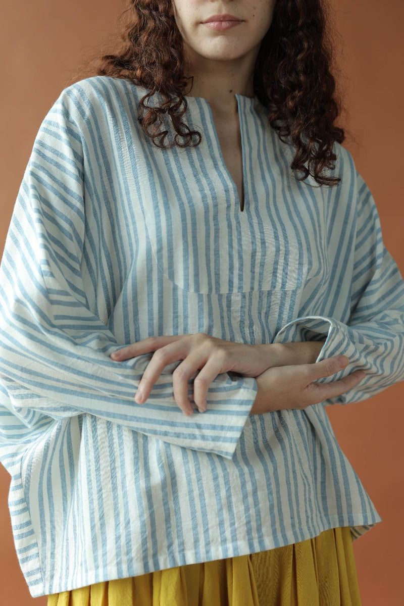 Sylvie-Blue Stripes Top cotton by MASON AND MILL in blue color for women Worldwide