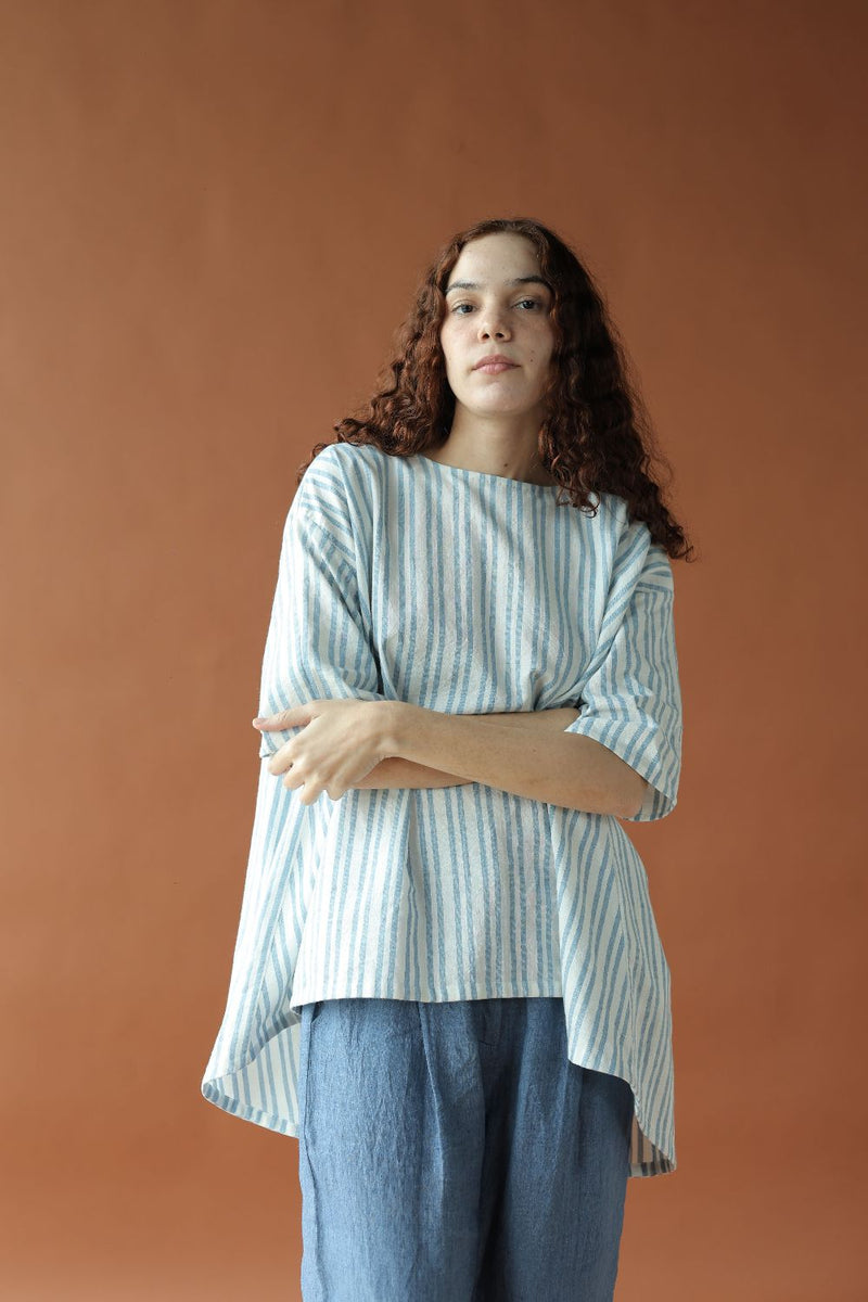 Saraya Top-Blue and white cotton by MASON AND MILL in blue color for women Worldwide
