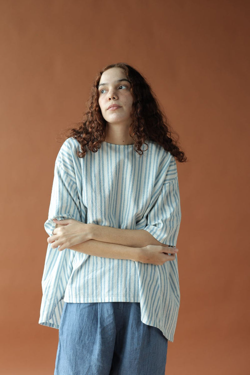 Saraya Top-Blue and white cotton by MASON AND MILL in blue color for women Worldwide