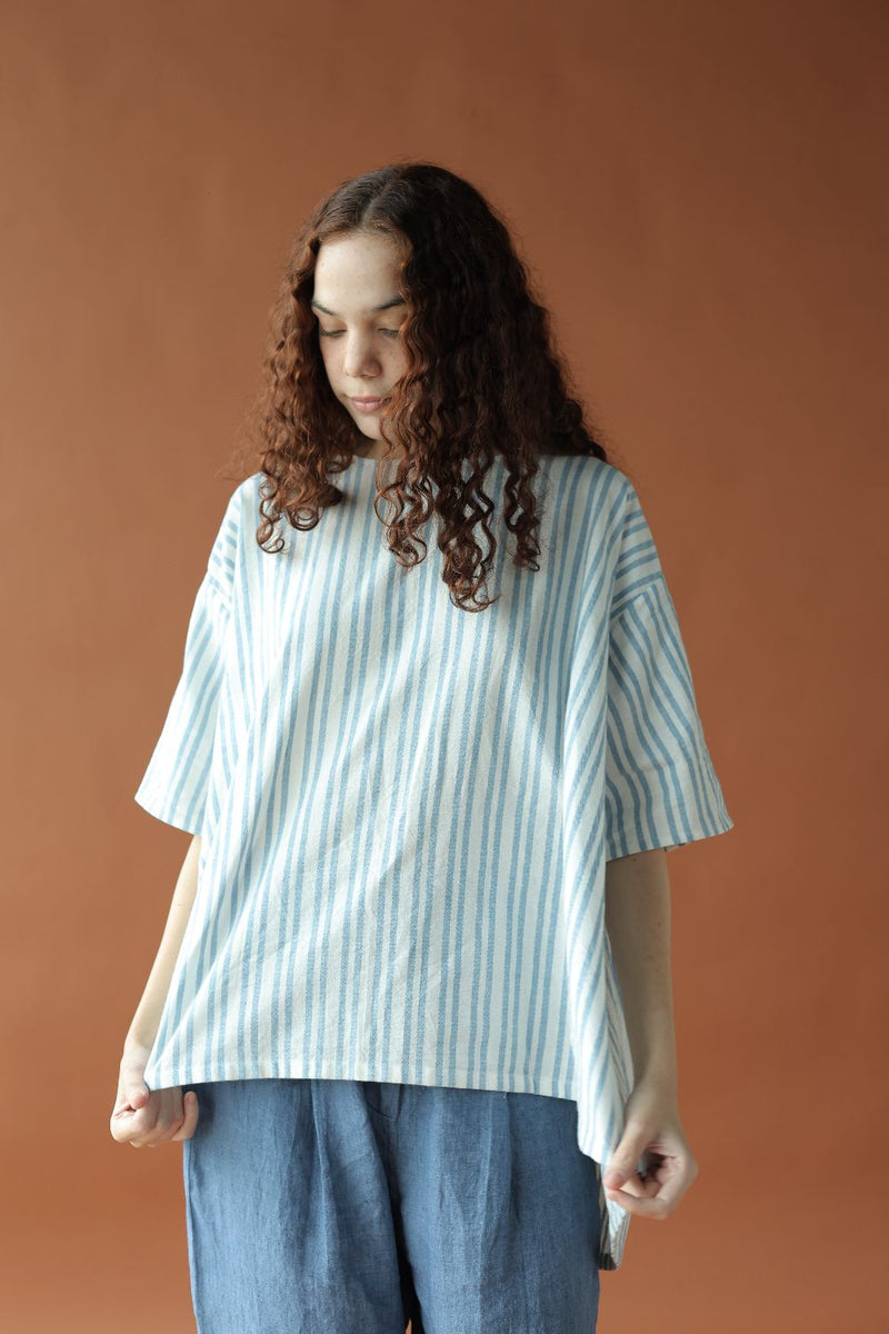 Saraya Top-Blue and white cotton by MASON AND MILL in blue color for women Worldwide