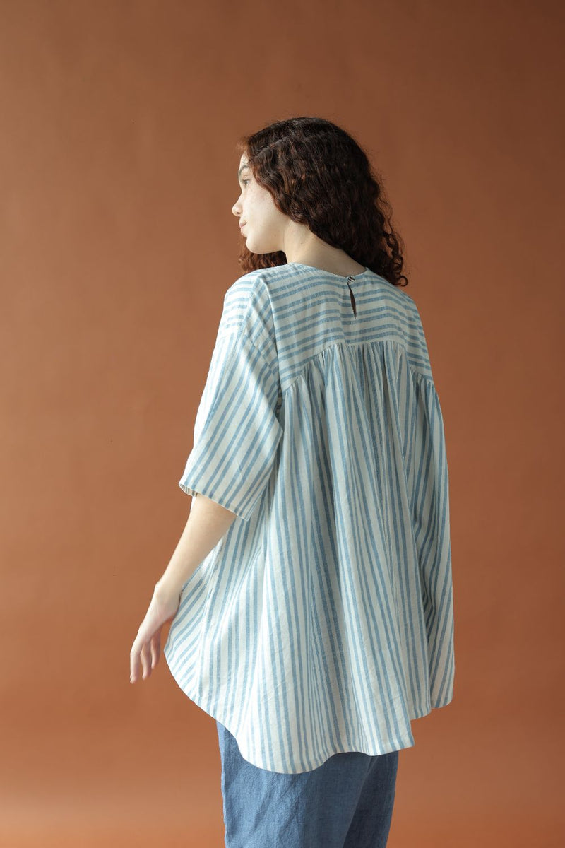 Saraya Top-Blue and white cotton by MASON AND MILL in blue color for women Worldwide