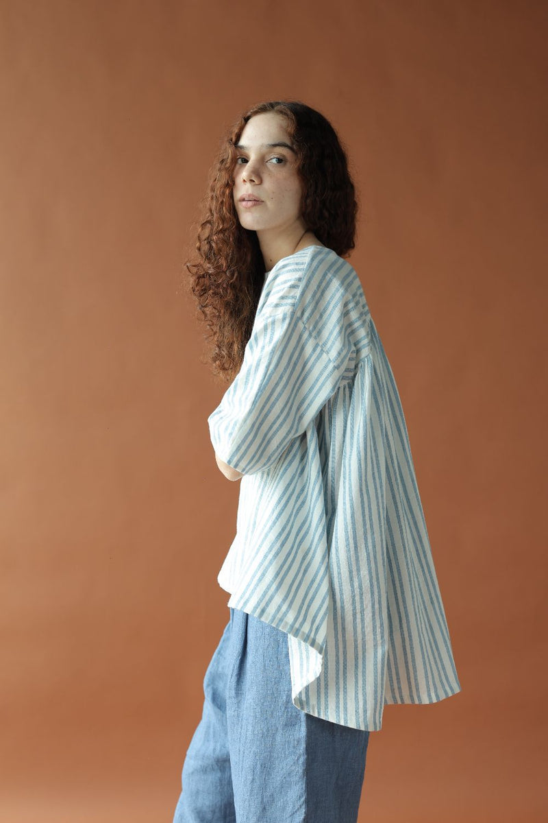 Saraya Top-Blue and white cotton by MASON AND MILL in blue color for women Worldwide