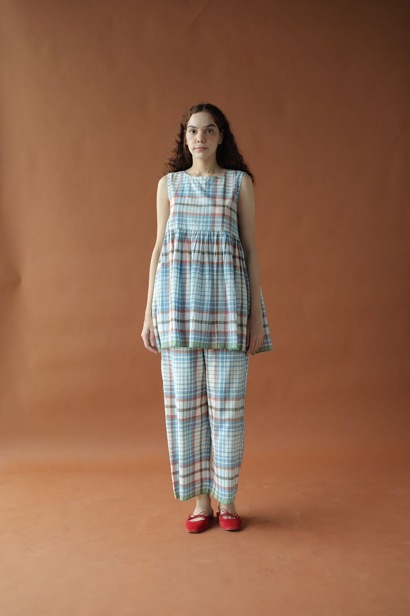 Joey Pants-Blue checks by MASON AND MILL in blue color for women Worldwide