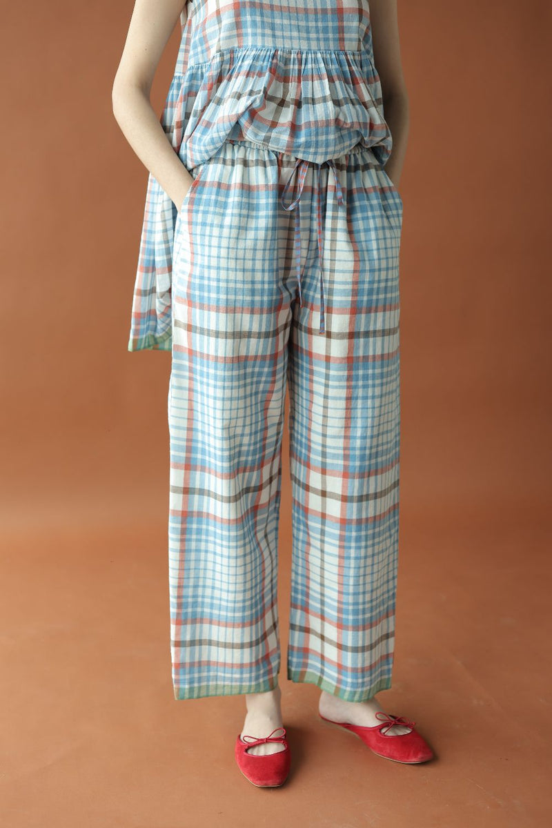 Joey Pants-Blue checks by MASON AND MILL in blue color for women Worldwide