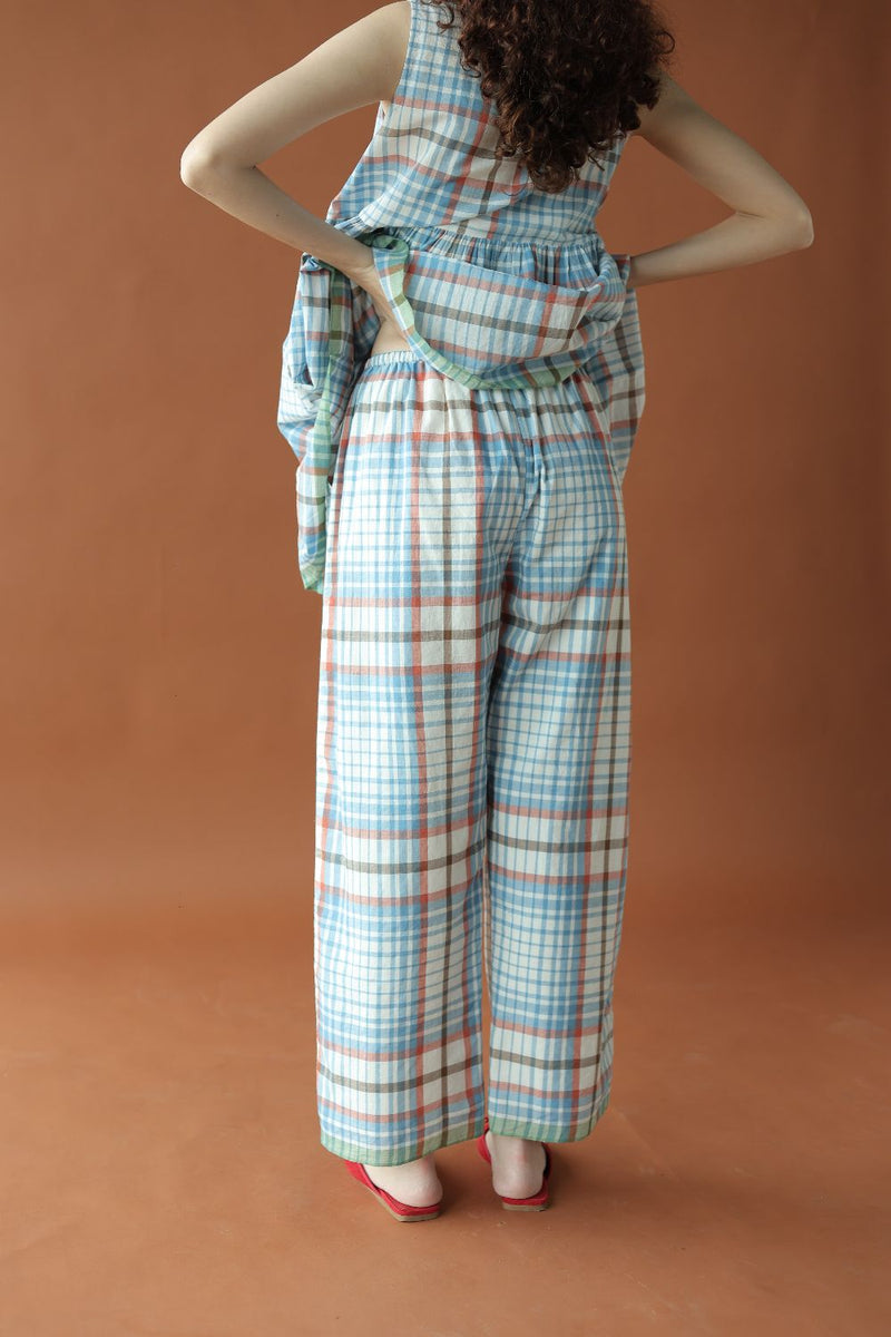 Joey Pants-Blue checks by MASON AND MILL in blue color for women Worldwide