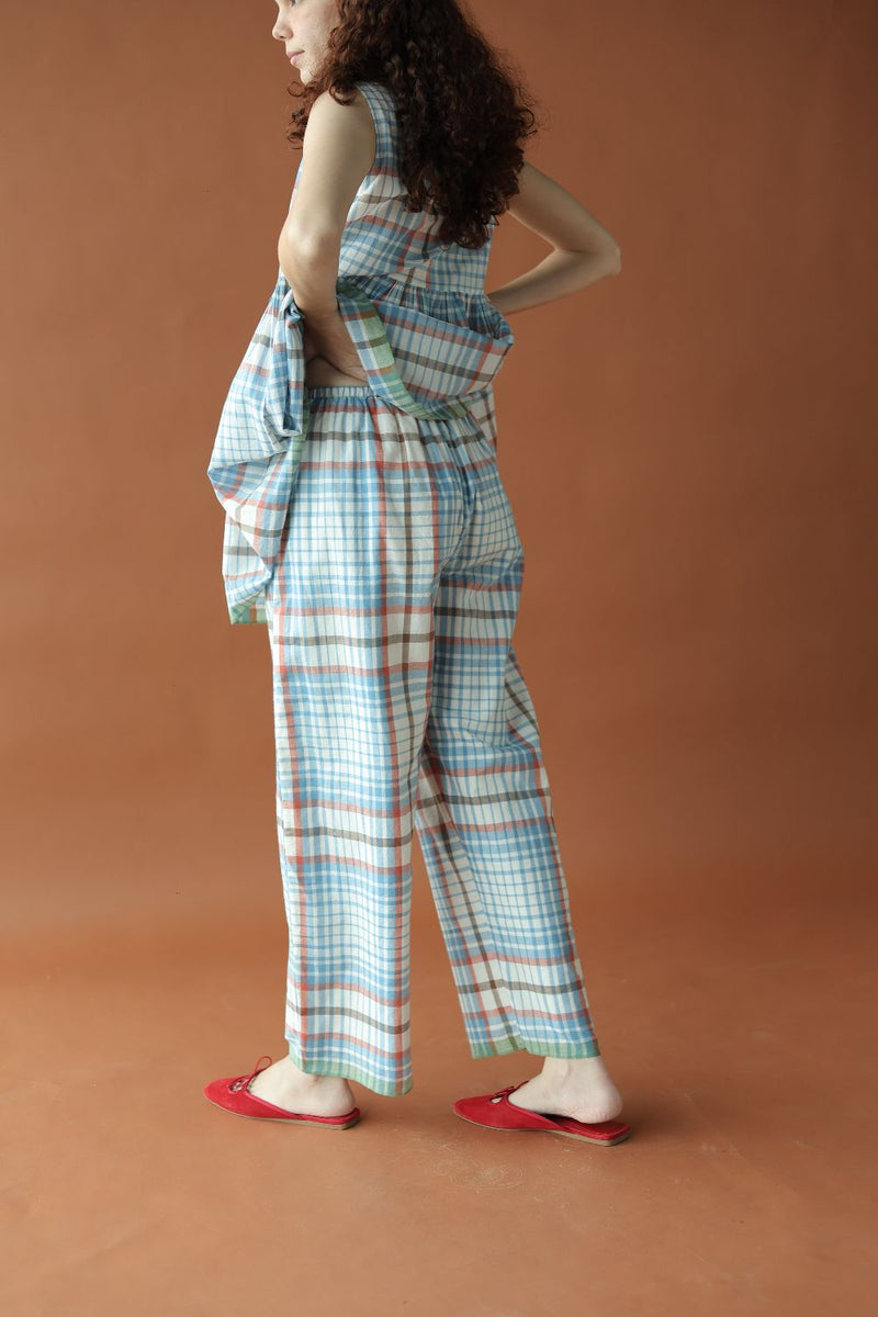 Joey Pants-Blue checks by MASON AND MILL in blue color for women Worldwide