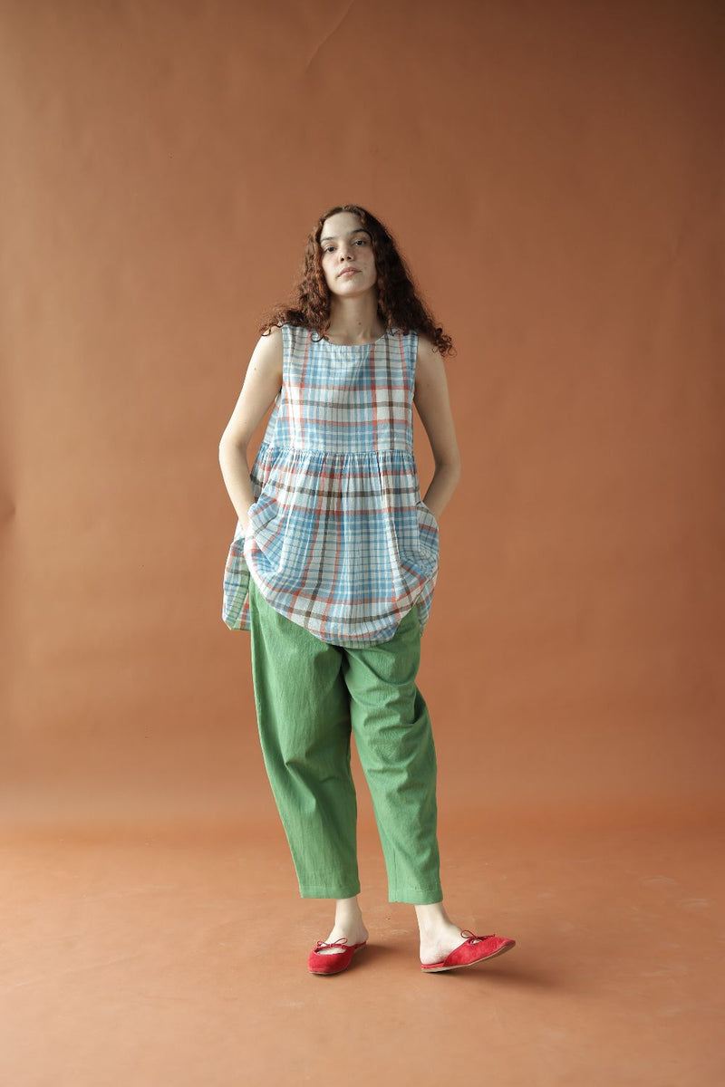 Zyra Top-Blue and white checks cotton by MASON AND MILL in blue color for women Worldwide