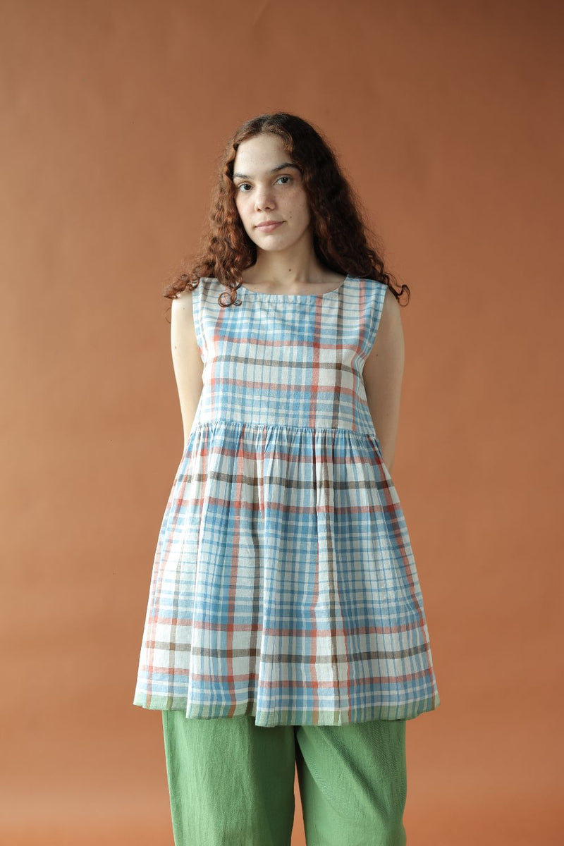 Zyra Top-Blue and white checks cotton by MASON AND MILL in blue color for women Worldwide