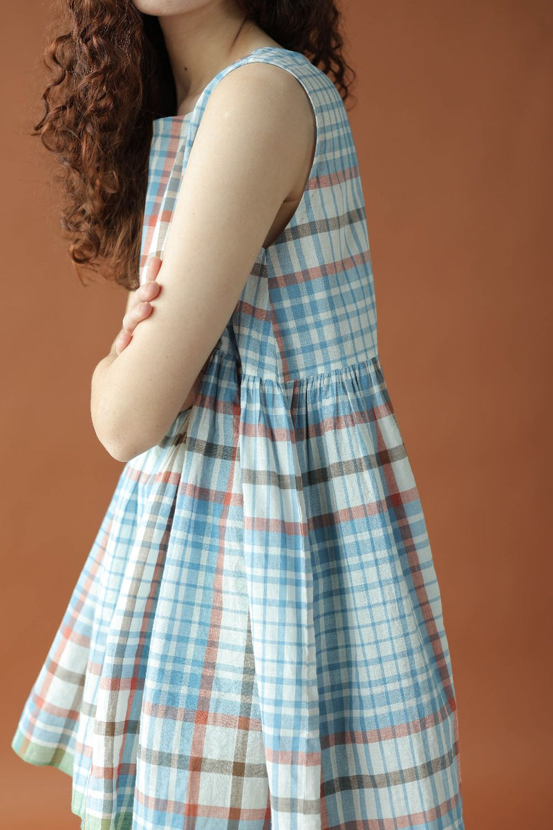 Zyra Top-Blue and white checks cotton by MASON AND MILL in blue color for women Worldwide