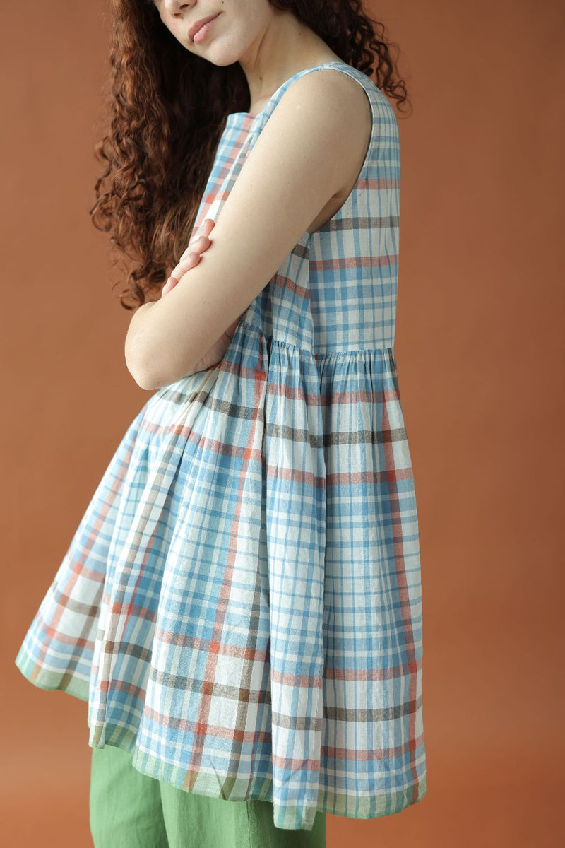 Zyra Top-Blue and white checks cotton by MASON AND MILL in blue color for women Worldwide