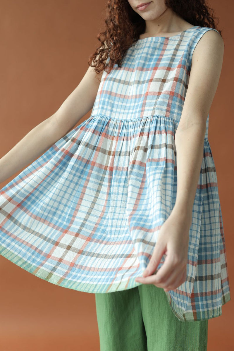 Zyra Top-Blue and white checks cotton by MASON AND MILL in blue color for women Worldwide