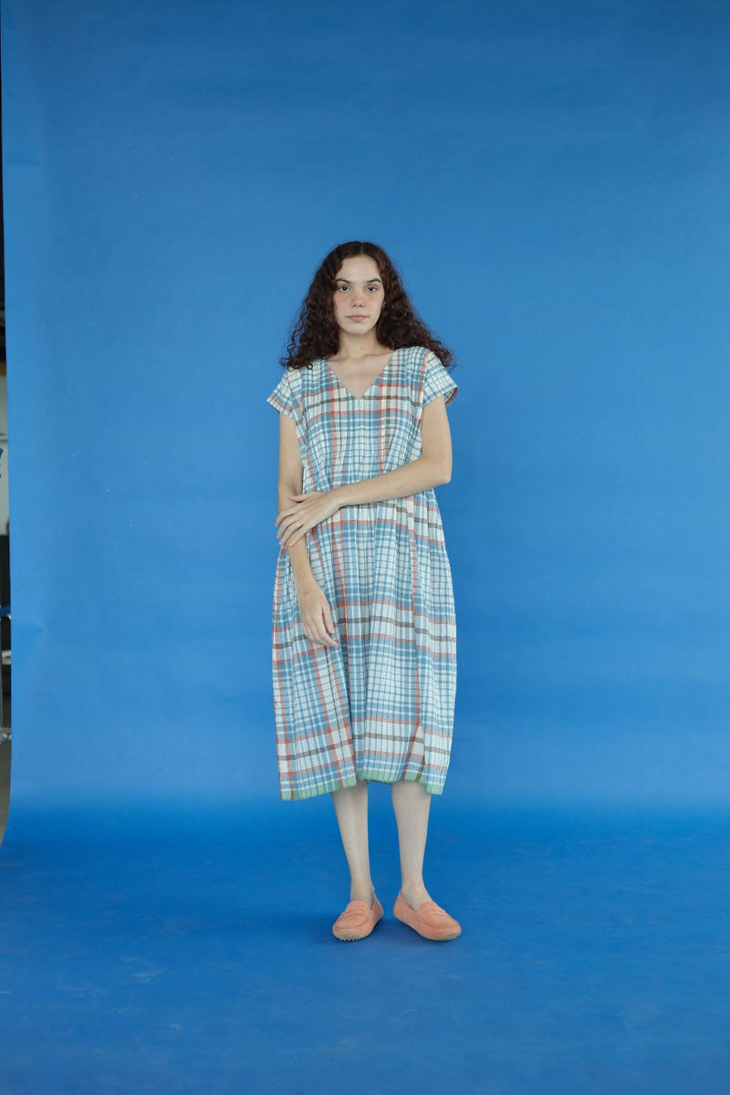 Darla Dress-Blue and white checks cotton by MASON AND MILL in blue color for women Worldwide