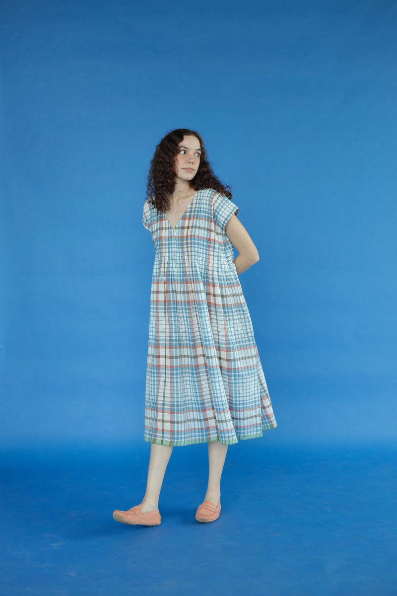 Darla Dress-Blue and white checks cotton by MASON AND MILL in blue color for women Worldwide