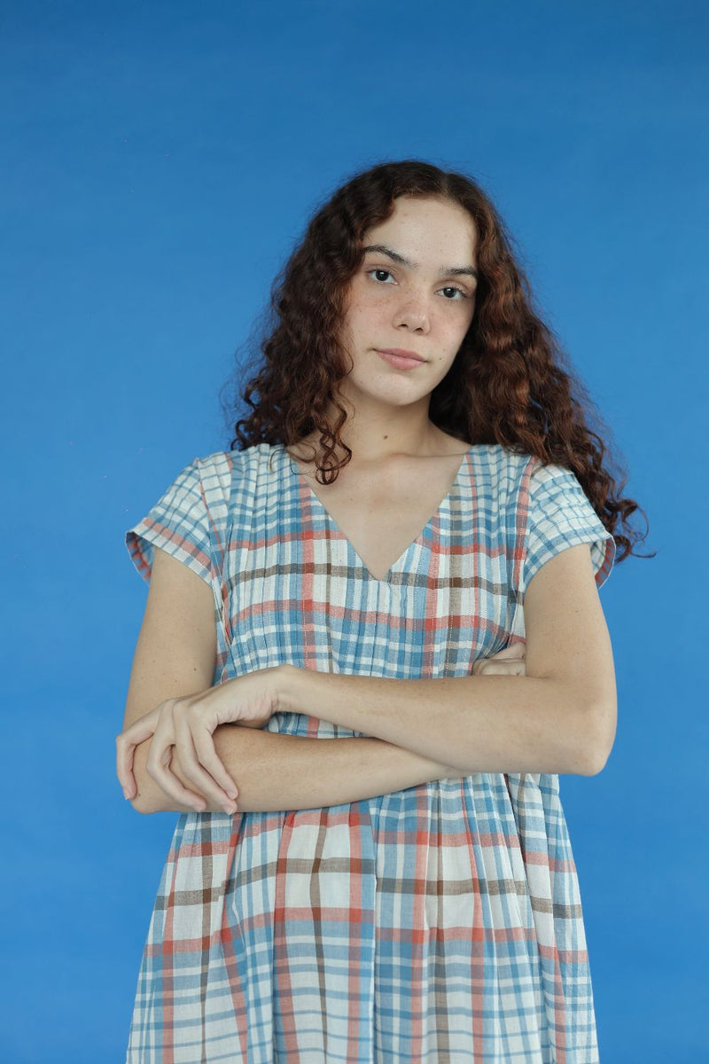 Darla Dress-Blue and white checks cotton by MASON AND MILL in blue color for women Worldwide