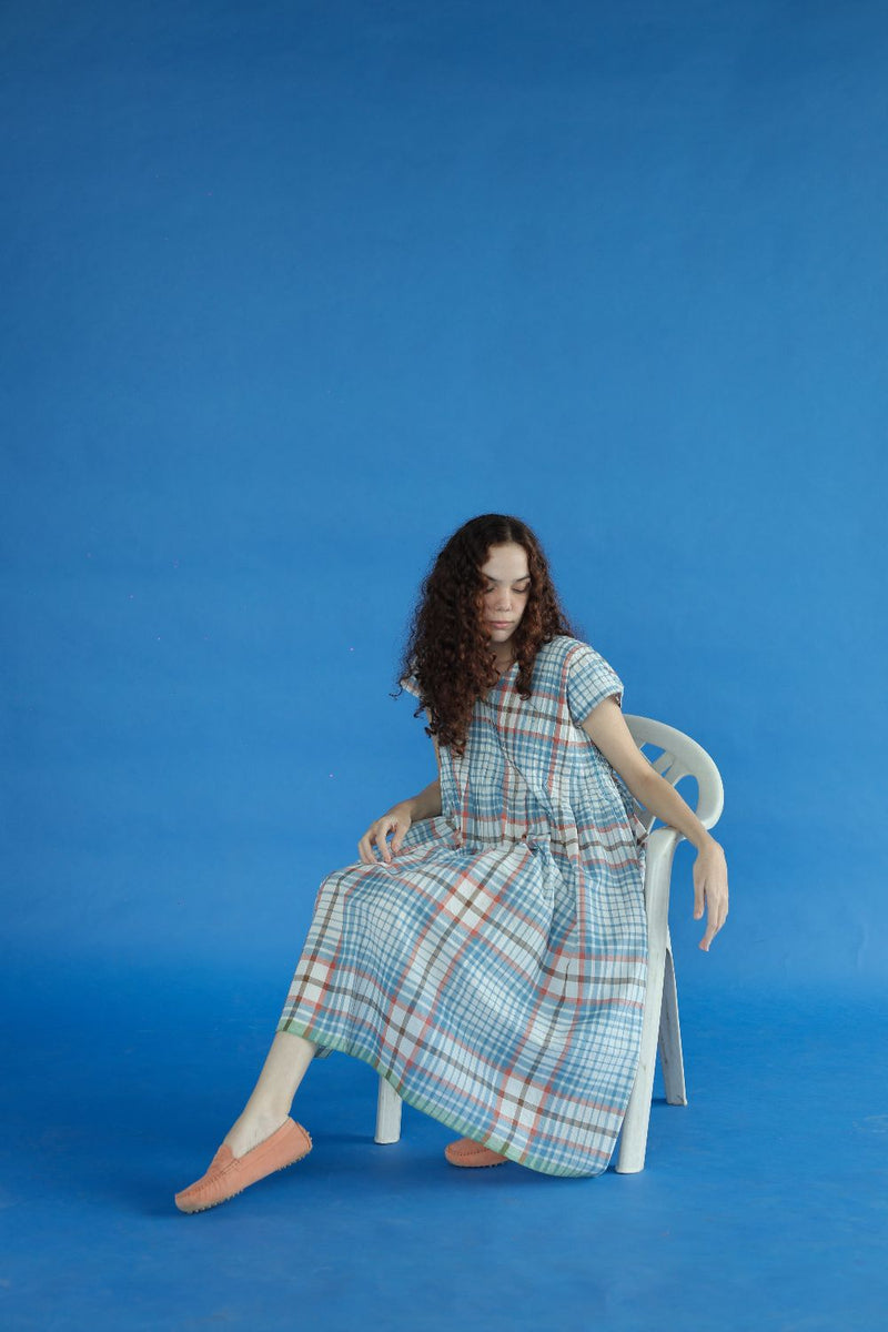 Darla Dress-Blue and white checks cotton by MASON AND MILL in blue color for women Worldwide