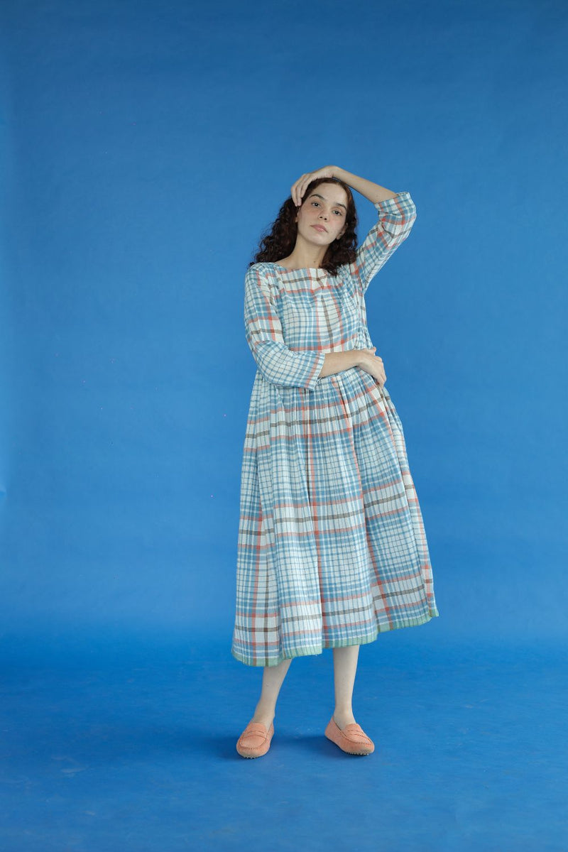 Bonnie Dress-blue checks cotton by MASON AND MILL in blue color for women Worldwide