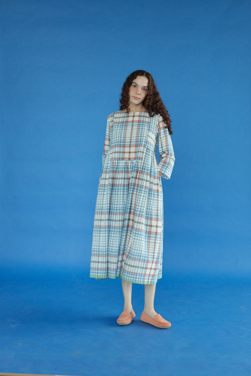 Bonnie Dress-blue checks cotton by MASON AND MILL in blue color for women Worldwide