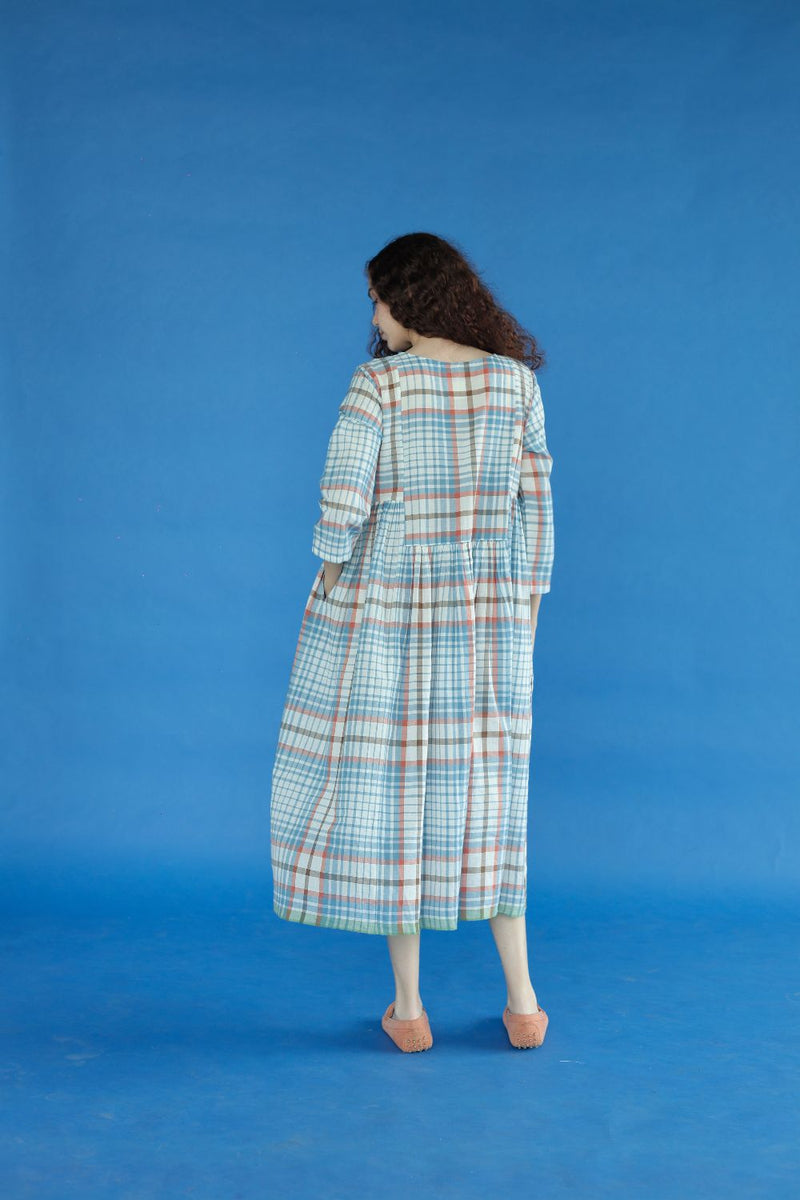 Bonnie Dress-blue checks cotton by MASON AND MILL in blue color for women Worldwide