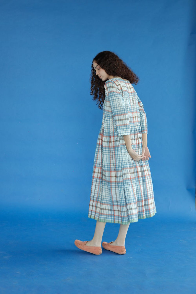 Bonnie Dress-blue checks cotton by MASON AND MILL in blue color for women Worldwide