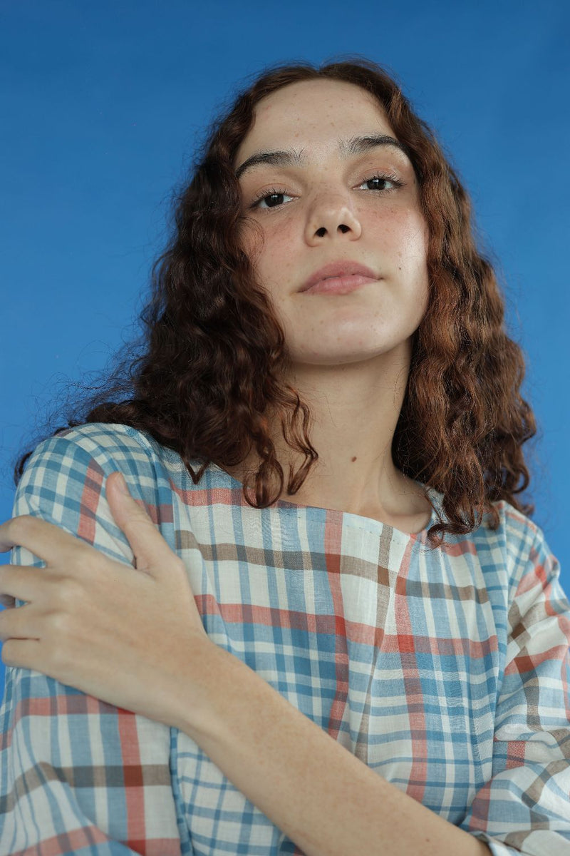 Bonnie Dress-blue checks cotton by MASON AND MILL in blue color for women Worldwide