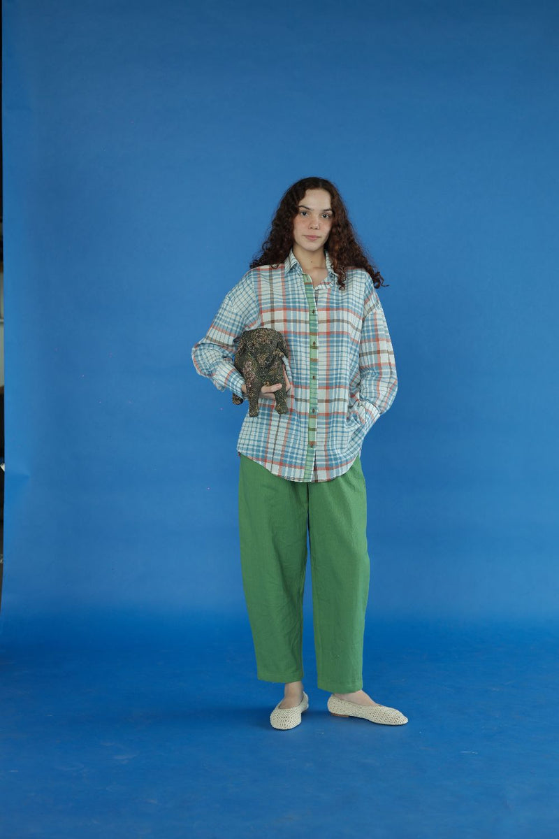 Eden-Blue checks Top cotton by MASON AND MILL in blue color for women Worldwide