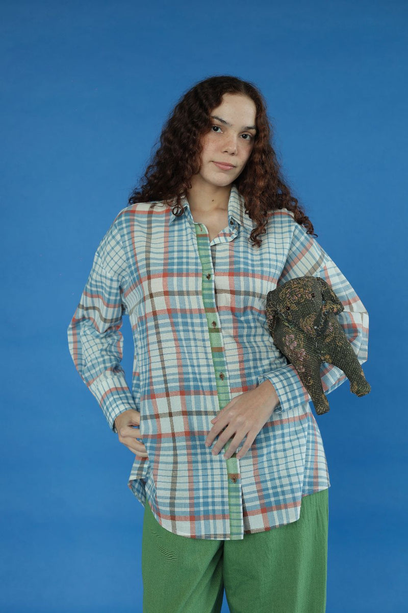 Eden-Blue checks Top cotton by MASON AND MILL in blue color for women Worldwide