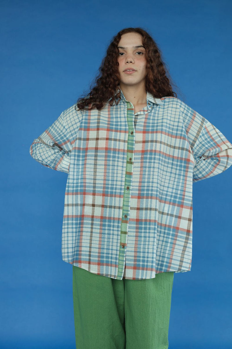 Eden-Blue checks Top cotton by MASON AND MILL in blue color for women Worldwide
