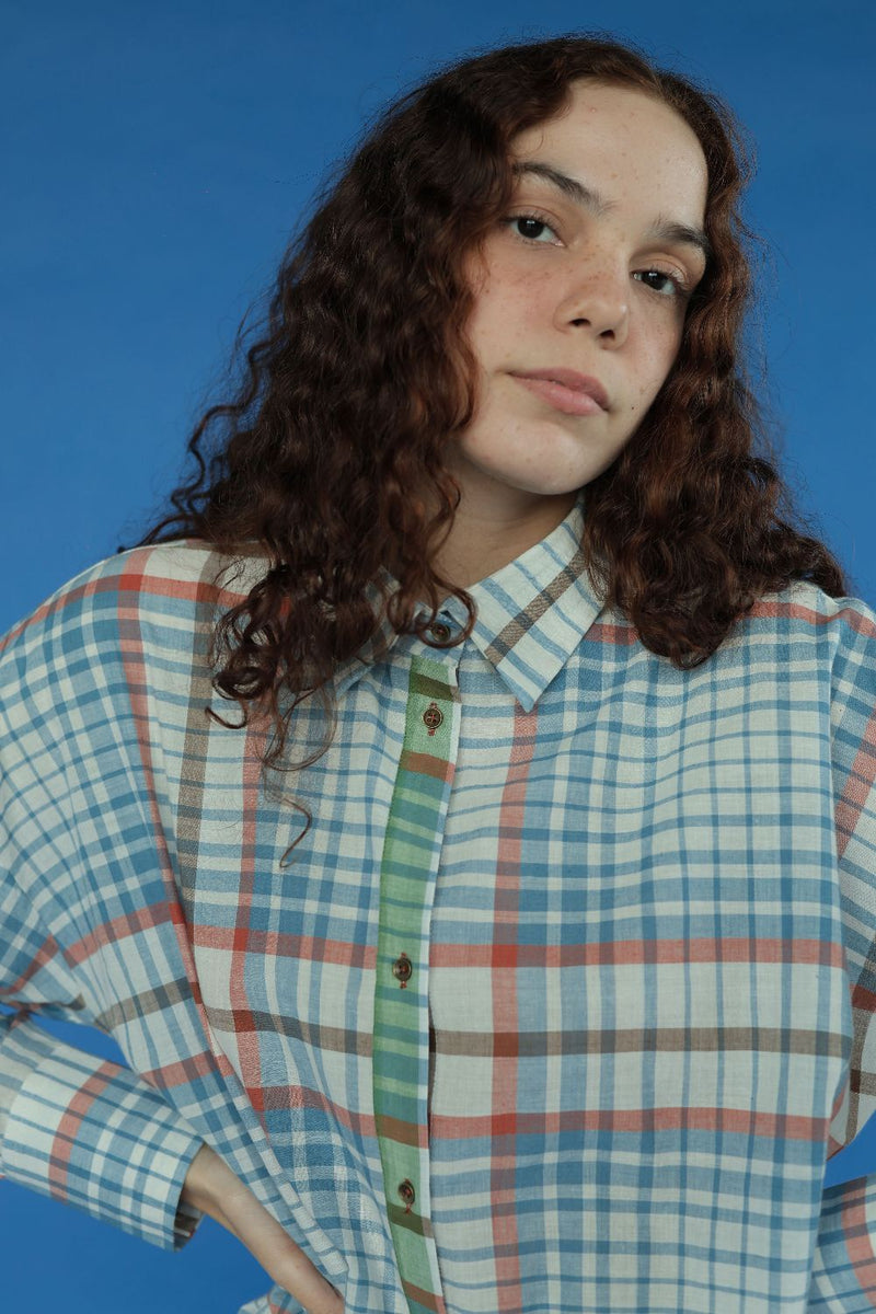 Eden-Blue checks Top cotton by MASON AND MILL in blue color for women Worldwide
