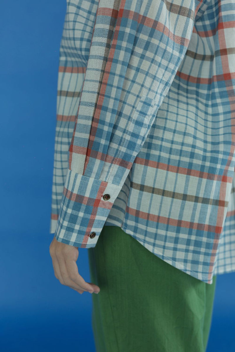 Eden-Blue checks Top cotton by MASON AND MILL in blue color for women Worldwide
