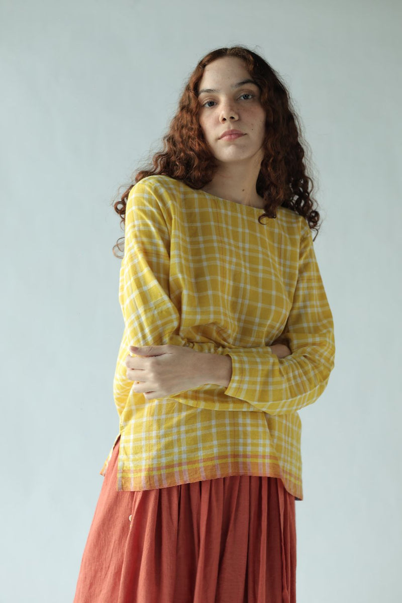 Mona Top-Yellow checks cotton by MASON AND MILL in yellow color for women Worldwide