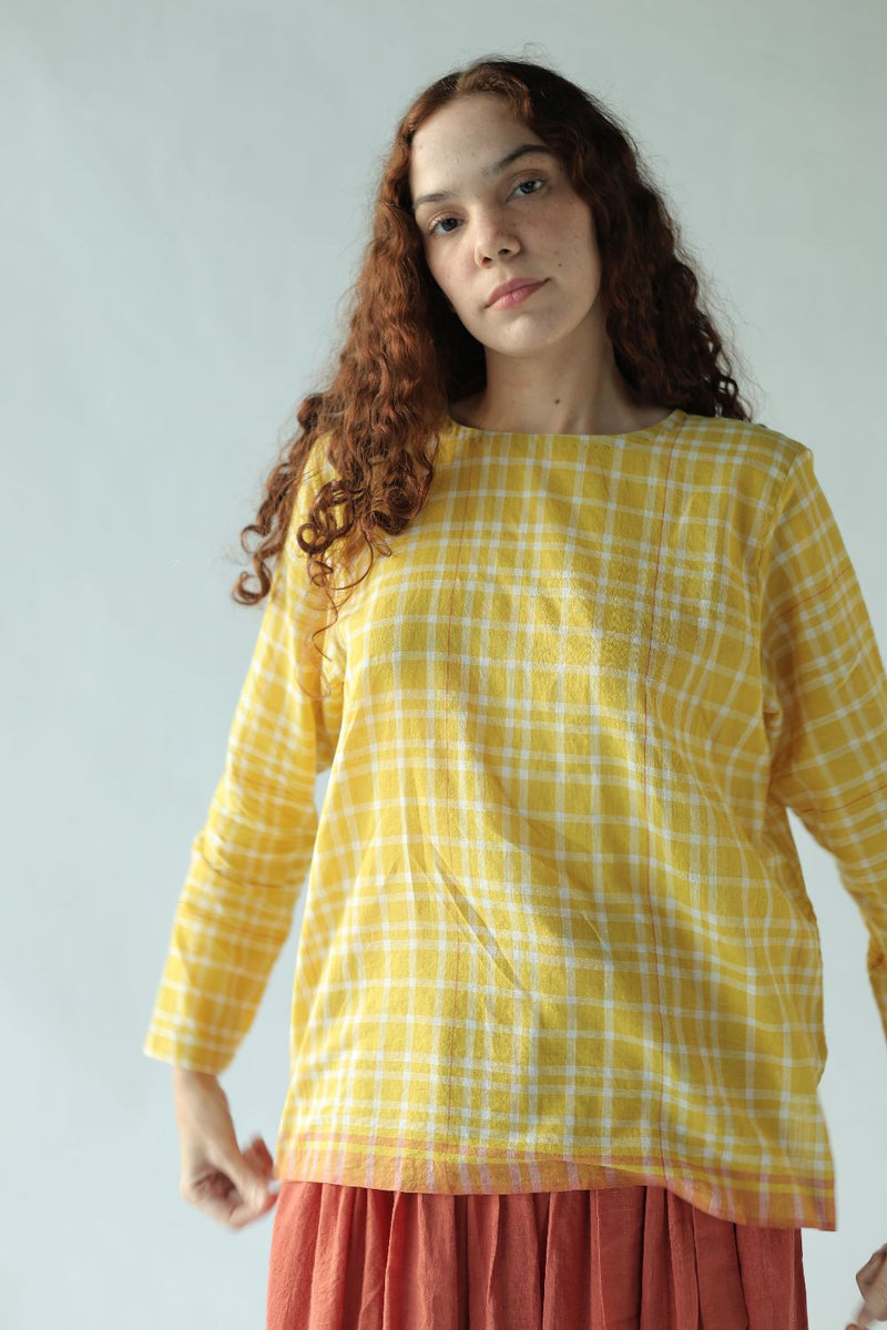 Mona Top-Yellow checks cotton by MASON AND MILL in yellow color for women Worldwide