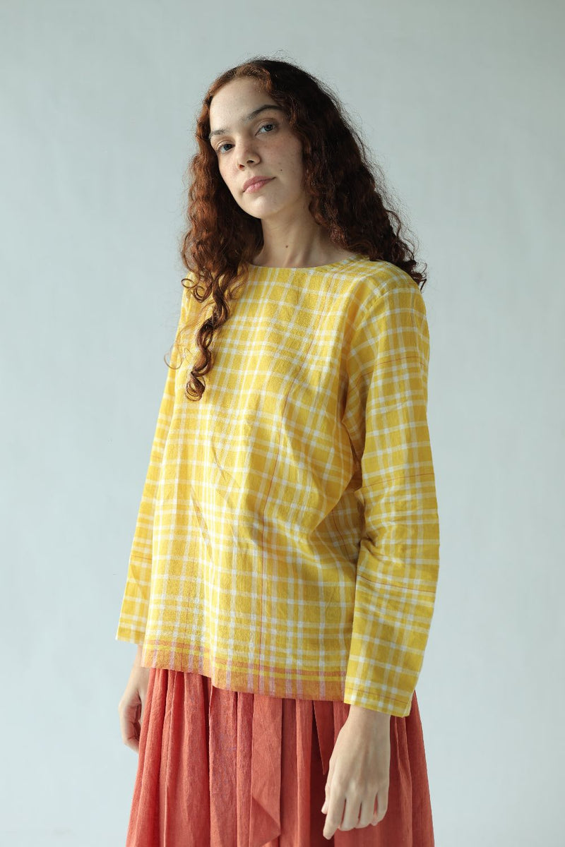 Mona Top-Yellow checks cotton by MASON AND MILL in yellow color for women Worldwide