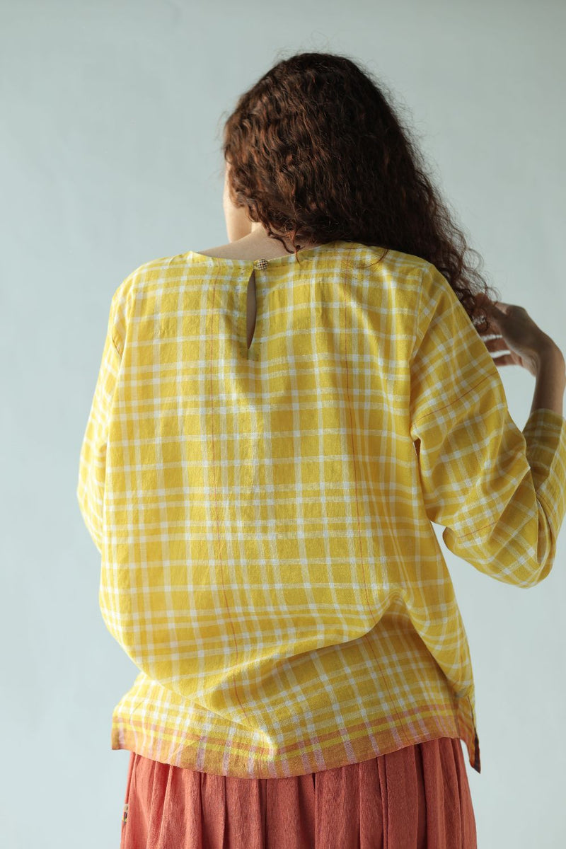 Mona Top-Yellow checks cotton by MASON AND MILL in yellow color for women Worldwide