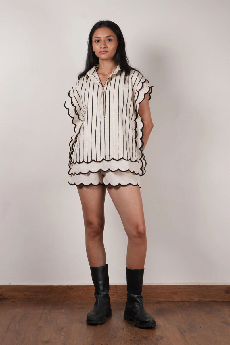Mati Scallop Shirt-Oatmeal linen top/shirt by in beige for women Worldwide
