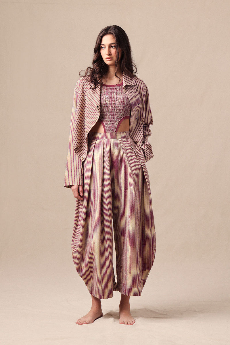 Mauve Striped Bodysuit Barrel Pants and Crop Jacket Co-Ord Set (3PCS) cotton co-ord set by Mati in mauve for women Worldwide