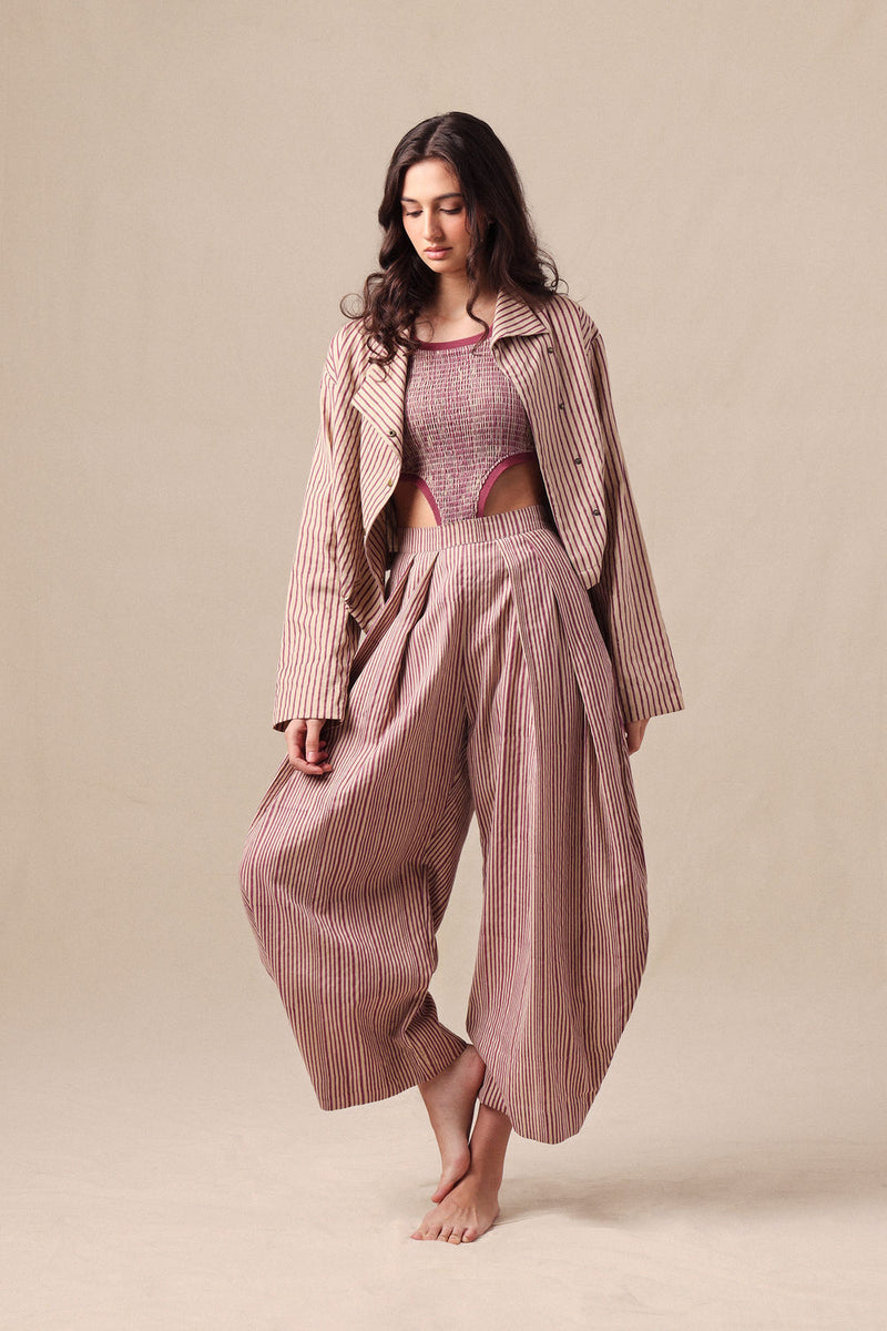 Mauve Striped Bodysuit Barrel Pants and Crop Jacket Co-Ord Set (3PCS) cotton co-ord set by Mati in mauve for women Worldwide