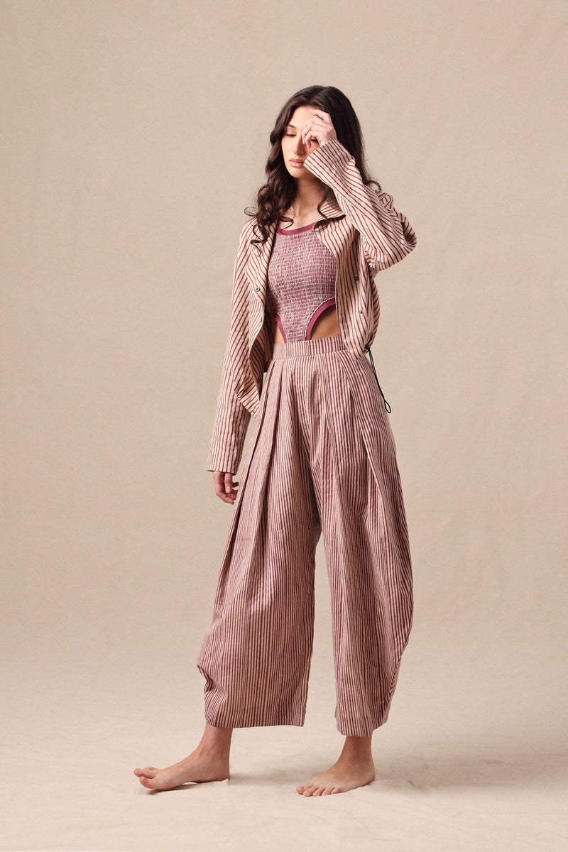 Mauve Striped Bodysuit Barrel Pants and Crop Jacket Co-Ord Set (3PCS) cotton co-ord set by Mati in mauve for women Worldwide