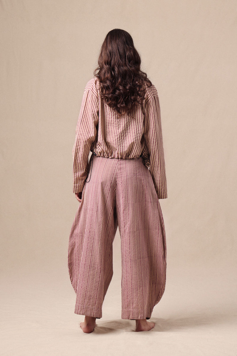 Mauve Striped Bodysuit Barrel Pants and Crop Jacket Co-Ord Set (3PCS) cotton co-ord set by Mati in mauve for women Worldwide