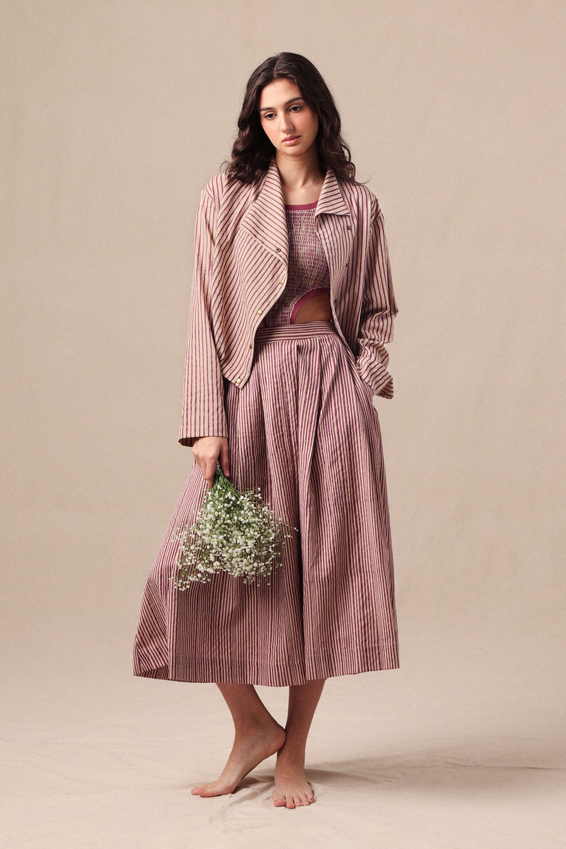 Mauve Striped Bodysuit Box Pleated Skirt and Crop Jacket Co-Ord Set (3 PCS) cotton co-ord set by Mati in mauve for women Worldwide