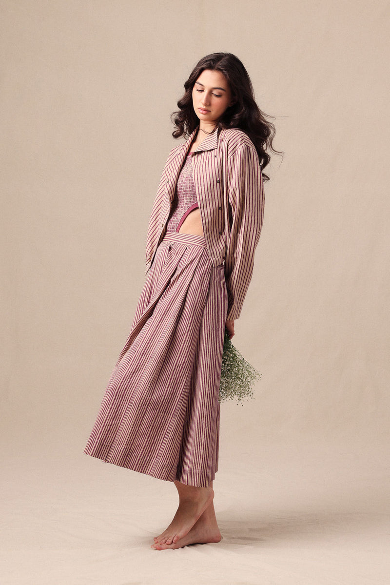 Mauve Striped Bodysuit Box Pleated Skirt and Crop Jacket Co-Ord Set (3 PCS) cotton co-ord set by Mati in mauve for women Worldwide