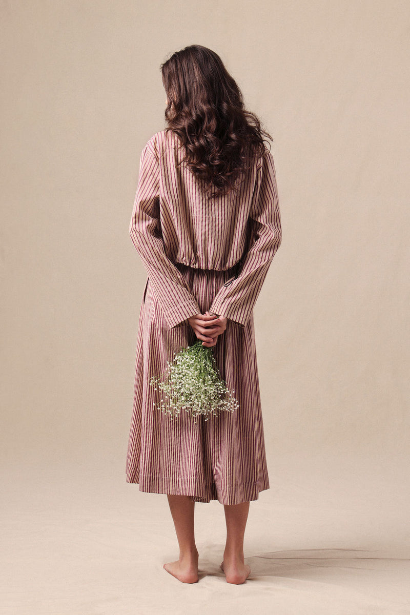 Mauve Striped Bodysuit Box Pleated Skirt and Crop Jacket Co-Ord Set (3 PCS) cotton co-ord set by Mati in mauve for women Worldwide