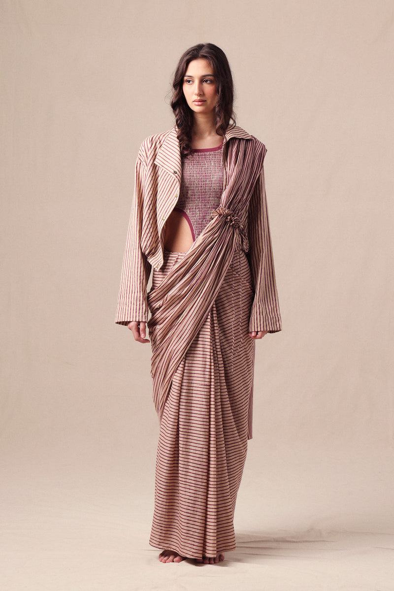 Mauve Striped Bodysuit Crop Jacket & Drawstring Mul Saree Set (3 PCS) cotton saree by Mati in mauve for women Worldwide