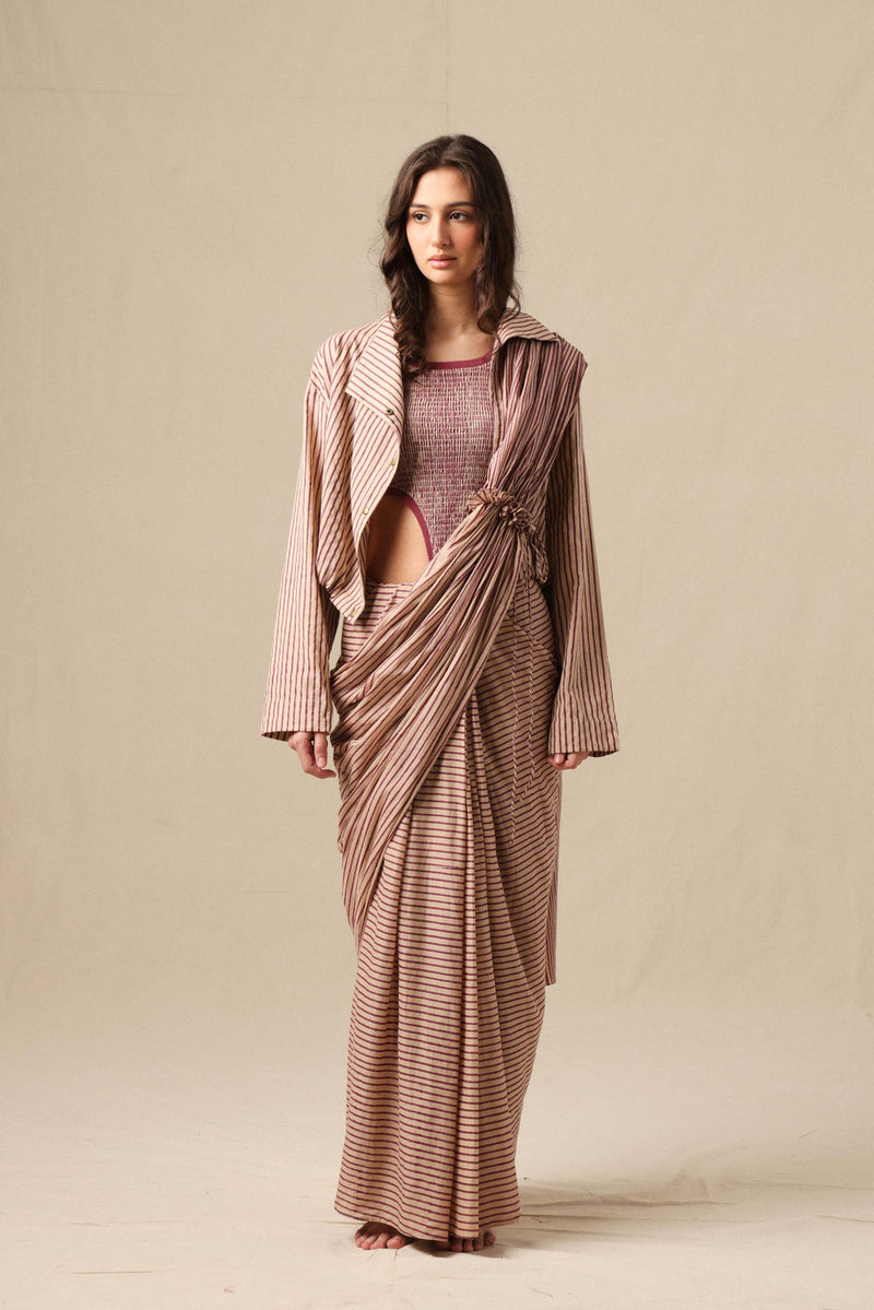 Mauve Striped Bodysuit Crop Jacket & Drawstring Mul Saree Set (3 PCS) cotton saree by Mati in mauve for women Worldwide