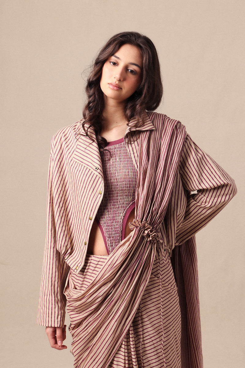 Mauve Striped Bodysuit Crop Jacket & Drawstring Mul Saree Set (3 PCS) cotton saree by Mati in mauve for women Worldwide