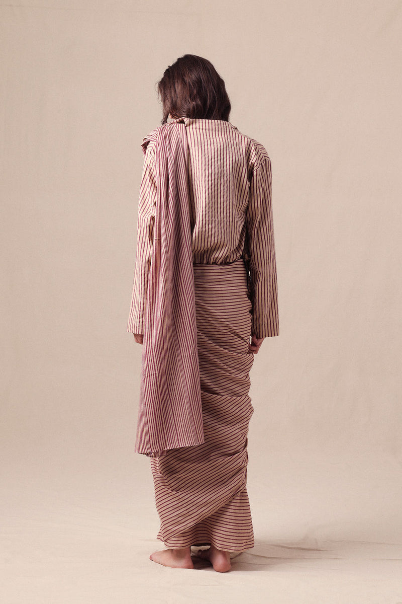 Mauve Striped Bodysuit Crop Jacket & Drawstring Mul Saree Set (3 PCS) cotton saree by Mati in mauve for women Worldwide
