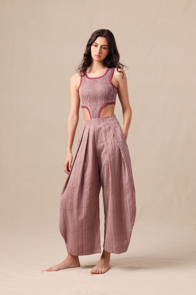 Mauve Striped Bodysuit & Barrel Pants Co-Ord Set (2 PCS) cotton co-ord set by Mati in mauve for women Worldwide